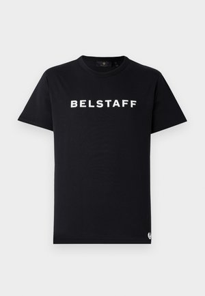 Black cotton t-shirt featuring a round neckline, short sleeves, and white "BELSTAFF" logo printed across the chest.