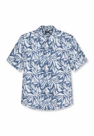 Wit overhemd met korte mouwen met een blauw bladmotief en knoopsluiting aan de voorkant.