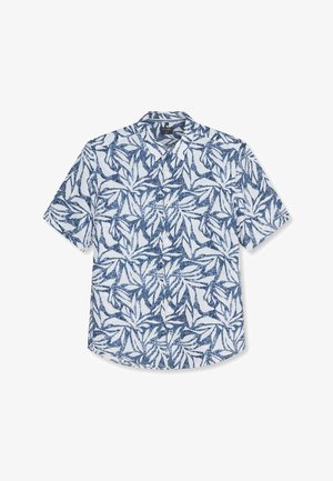 Weißes Kurzarmhemd mit blauem blättrigem Blumenmuster und Knopfleiste vorne.