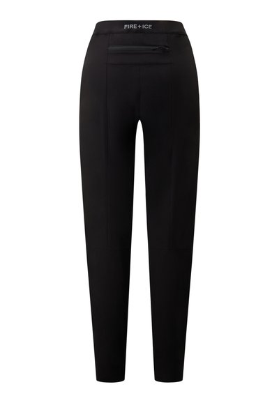 Black, straight-leg pants with a smooth texture, featuring a zippered back pocket and the brand logo "FIRE+ICE" on the waistband.