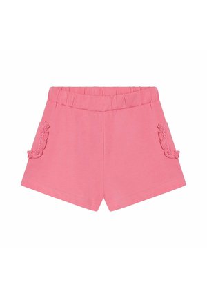 Pantaloncini con vita elastica rosa e bordo decorativo arricciato su entrambi i lati, confezionati con un orlo semplice e dritto.