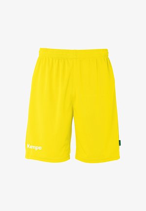 Helle gelbe Sportshorts mit elastischem Bund und weißem "Kempa"-Logo auf dem linken Bein.