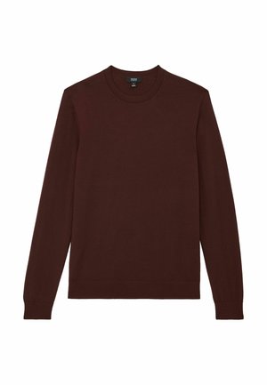 Bordó hosszú ujjú pulóver kerek nyakkivágással. Puha anyagból készült, bordázott mandzsettákkal és szegéllyel. Nincsenek látható minták vagy díszítések.