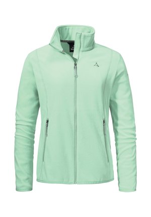 Mintgrüner Fleece-Jacke mit hohem Kragen, zwei seitlichen Reißverschlusstaschen und einem Frontreißverschluss. Verfügt über ein Logo auf der oberen linken Seite.