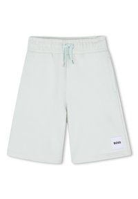 Ανοιχτό πράσινο σορτς μέντας με ελαστική ζώνη μέσης, κορδόνι, πλαϊνές τσέπες και λευκή υφασμάτινη ετικέτα με την ένδειξη "BOSS." Ομαλή υφή.