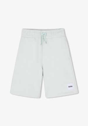 Svetlo mätovo zelené šortky s elastickým pásom, sťahovacou šnúrkou, bočnými vreckami a bielou látkovou nášivkou s nápisom „BOSS“. Hladká textúra.