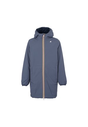 Parka impermeabile grigia con cappuccio, zip anteriore e una striscia gialla brillante. Caratterizzata da polsini elasticizzati e tasche laterali. Design semplice, senza motivi.