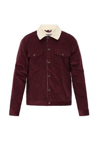 Bordeaux fløjlsjakke med en krave i cremefarvet faux shearling, frontknaplukning og to brystlommer. Tekstureret stof.