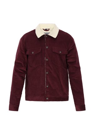 Burgunderfarbene Cordjacke mit einem cremefarbenen Kunstpelzkragen, vorderem Knopfverschluss und zwei Brusttaschen. Strukturiertem Stoff.