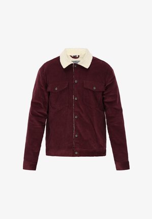 Burgunderfarbene Cordjacke mit einem cremefarbenen Kunstpelzkragen, vorderem Knopfverschluss und zwei Brusttaschen. Strukturiertem Stoff.