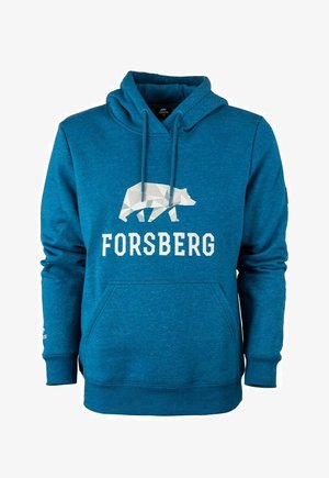Felpa blu con una grafica di un orso geometrico bianco e il testo "FORSBERG". Presenta una tasca frontale, un cappuccio con cordoncino e polsini e orlo a coste.