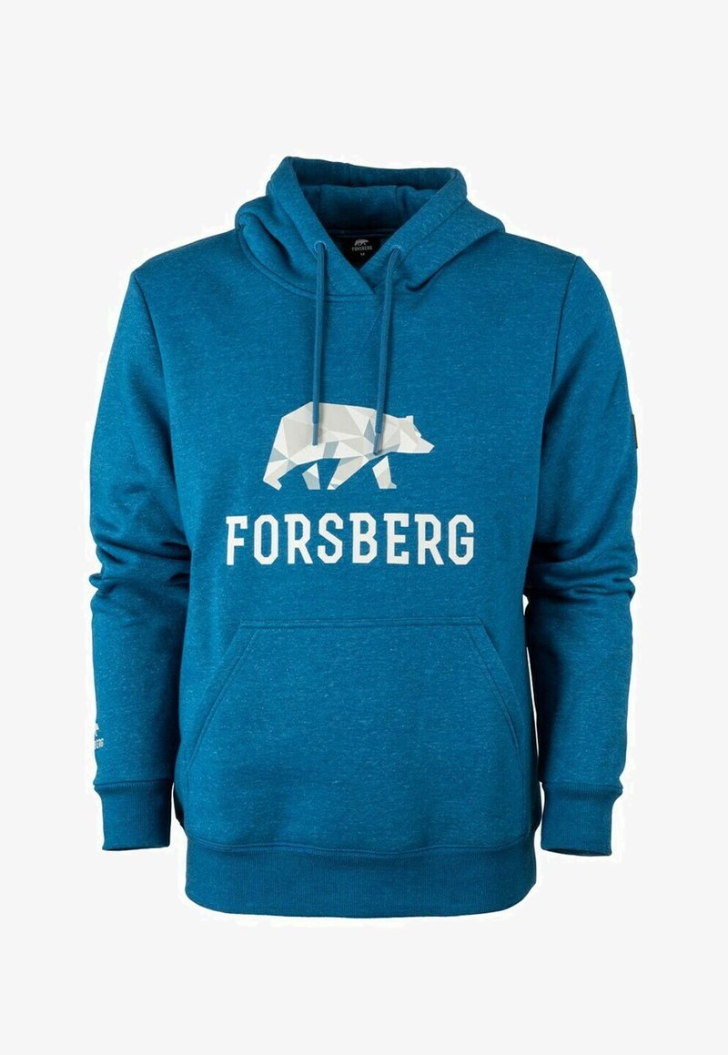 Felpa blu con una grafica di un orso geometrico bianco e il testo "FORSBERG". Presenta una tasca frontale, un cappuccio con cordoncino e polsini e orlo a coste.