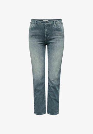 Jeans droits bleus avec délavage, fermeture à boutons et zip à l'avant, poches avant et arrière, et passants de ceinture.