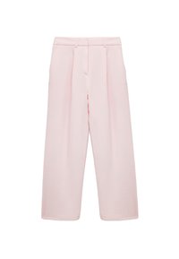 Hoge taille, wijde lichtroze broeken met riemlussen, voorplooien en zijzakken, weergegeven op een witte achtergrond.