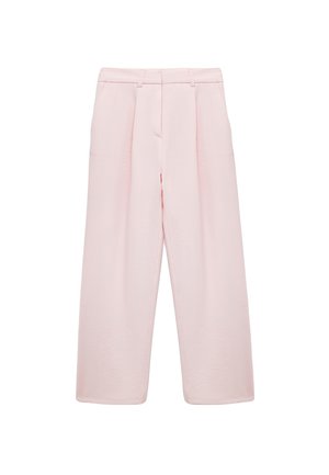 Hoge taille, wijde lichtroze broeken met riemlussen, voorplooien en zijzakken, weergegeven op een witte achtergrond.