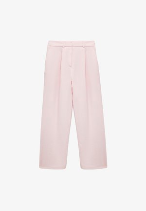 Hoge taille, wijde lichtroze broeken met riemlussen, voorplooien en zijzakken, weergegeven op een witte achtergrond.