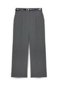 Szare plisowane spodnie z czarnym paskiem z sztucznej skóry. Posiadają dopasowany krój i gładką teksturę, zapewniając klasyczny, neutralny styl.