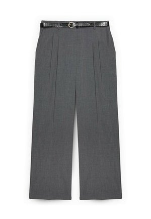 Pantalones grises plisados con un cinturón negro de imitación cuero. Presentan un corte entallado y una textura suave, ofreciendo un estilo clásico y neutro.