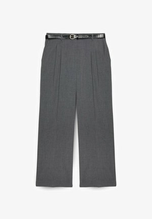 Pantalones grises plisados con un cinturón negro de imitación cuero. Presentan un corte entallado y una textura suave, ofreciendo un estilo clásico y neutro.