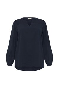 Mørkeblå bluse med lange, ballonskuldre, V-hals og smock-detaljer ved skulderne. Lavet af let, struktureret stof.