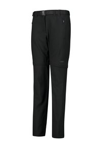 Svarta utomhusbyxor i softshell-material, med bälte, fickor med dragkedja och knäpaneler. Rakt byxben.