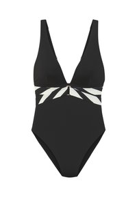 Musta yksiosainen uimapuku, jossa on syvä V-aukko ja geometrinen musta-valkoinen kuviollinen vyö kohtapuolelta. Tasainen, joustava kangas, vähäinen peitto.