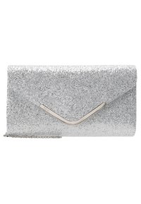 Pochette argentée avec texture scintillante, de forme enveloppe, accent en métal, et bandoulière amovible. Finition pailletée sur l'ensemble.