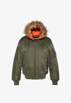 Olivengrøn bomberjakke med pelskantet hætte, orange foring, lynlås foran og flere lommer. Glat, skinnende stoftekstur.
