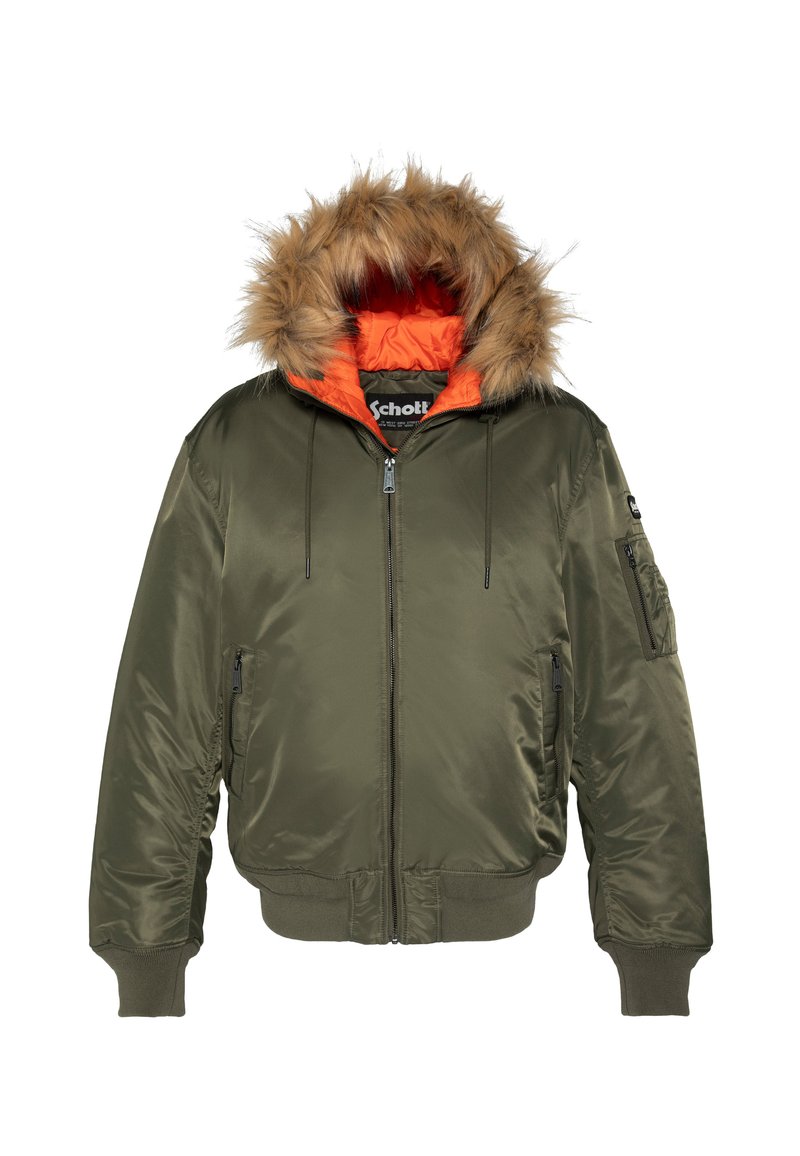 Oliwkowa kurtka bomberka z kapturem obszytym futerkiem, pomarańczową podszewką, zamkiem błyskawicznym z przodu oraz wieloma kieszeniami. Gładka, błyszcząca tkanina.