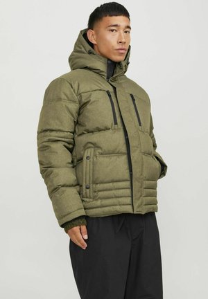 Green puffer jacket with a textured fabric, featuring a hood, zippered front, and two horizontal chest pockets. Black accents and buttons.