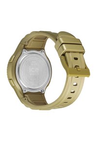 Orologio smart in tonalità oro con cinturino in silicone e cassa in acciaio inox. Presenta una forma rotonda, una lunetta texturizzata e una chiusura con fibbia regolabile.
