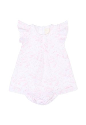 Biała sukienka dla niemowląt z różowym nadrukiem zwierząt i natury, z falbankowymi rękawkami, plisowanym przodem oraz dopasowanymi bloomersami przymocowanymi na dole.