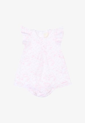 Robe de bébé blanche avec imprimé rose d’animaux et de nature, manches volantées, devant plissé, et bloomer assorti fixé en dessous.