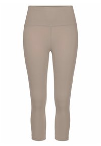Beige, hochtaillierte Leggings aus einem weichen, dehnbaren Stoff. Das Design zeichnet sich durch eine glatte Oberfläche ohne sichtbare Nähte oder Muster aus.