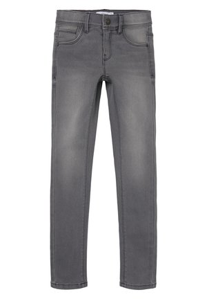 Slim-fit grå denim jeans med frontknap og lynlåslukning, for- og baglommer samt subtil falmning på lår og knæ.