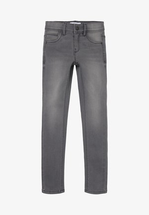 Jean slim-fit gris en denim avec fermeture avant à bouton et zip, poches avant et arrière, et un léger délavage au niveau des cuisses et des genoux.