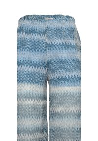 Pantaloni larghi a fantasia con un design a zigzag in tonalità di blu, grigio e bianco. Vita elastica per un maggiore comfort.