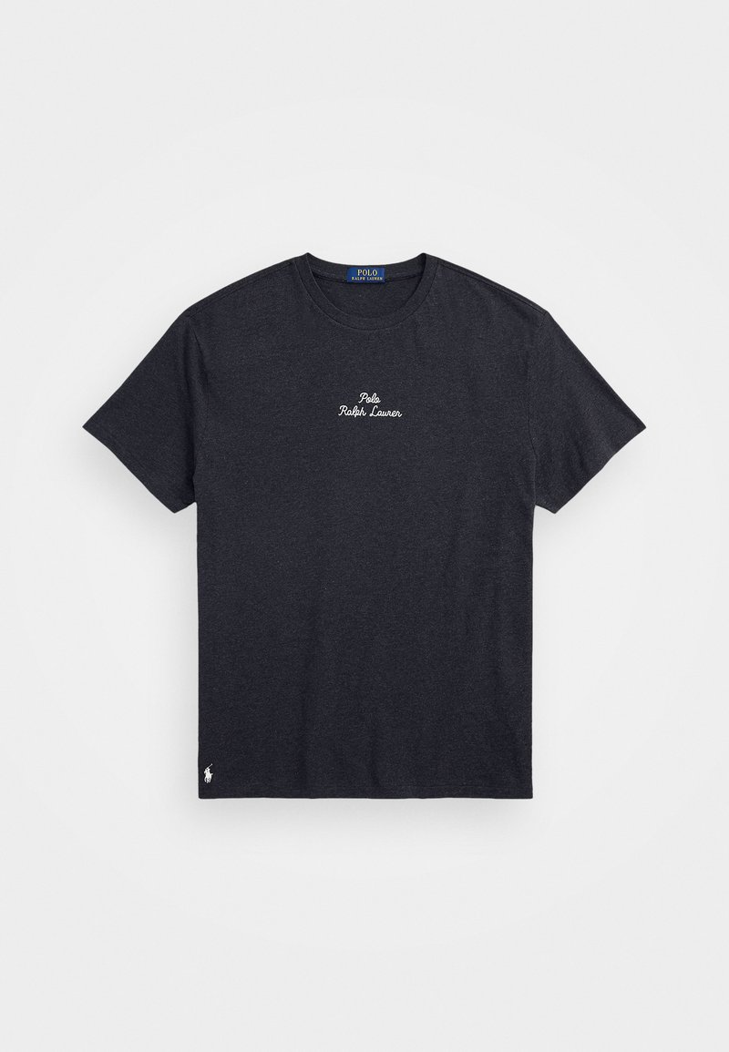 Sötétszürke pamut póló rövid ujjakkal, kerek nyakkivágással, hímzett "Polo Ralph Lauren" logóval a mellen és kis logóval az alsó szegélyen.
