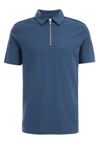 Camisa polo azul de manga corta con cuello con cremallera, tejido texturizado y aberturas laterales. Diseño sencillo, adecuado para uso casual.