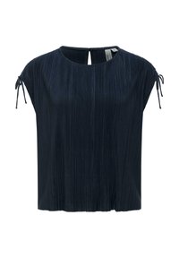 Blouse plissée bleu marine à manches courtes nouées en nœuds et petite ouverture en forme de goutte d'eau à l'encolure arrière.