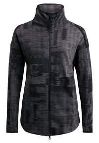 Veste noire zippée avec un motif texturé, col montant, manches longues et une finition en tissu lisse. Dotée d'une fermeture éclair à l'avant et de poches latérales.