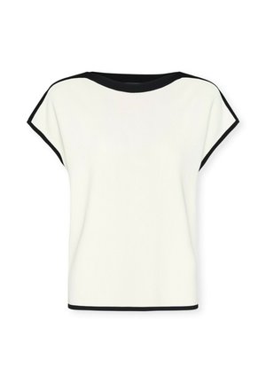 Weißes kurzärmeliges Oberteil mit rundem Ausschnitt, das schwarze Besätze an den Ärmeln und am Ausschnitt aufweist, gefertigt aus einem glatten Stoff.