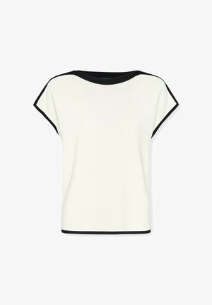 Haut blanc à manches courtes avec un col rond, bordé de noir sur les manches et le col, fabriqué dans un tissu lisse.