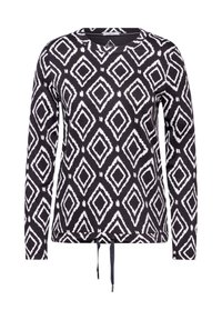 Schwarzes Langarmoberteil mit einem weißen Rautenmuster, runder Ausschnitt und verstellbaren Kordeln am Saum für einen figurbetonten Look.