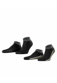 Schwarze Knöchelsocken mit grauen Bündchen und Akzenten. Glatte Textur, figurbetontes Design. Einschließlich zwei Paaren mit kontrastierenden Farben und Stilen.