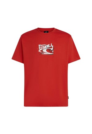 Red cotton t-shirt with short sleeves featuring a graphic design in white, showcasing the brand "O'Neill" and a stylized wave motif.