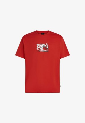 Red cotton t-shirt with short sleeves featuring a graphic design in white, showcasing the brand "O'Neill" and a stylized wave motif.