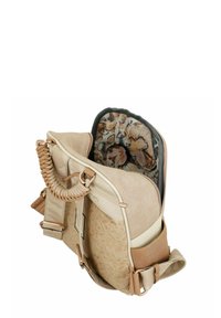 Sac messager beige avec un extérieur texturé, motif floral en relief, anse en corde et intérieur à motifs. Doté de sangles réglables.