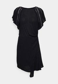 Black dress with flutter sleeves, adorned with metallic studs along the shoulders; features a wrap design and soft, flowing fabric.