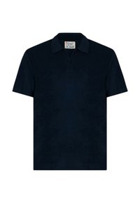 Polo shirt blu navy realizzato in morbido cotone; presenta un colletto e maniche corte; design minimalista senza motivi o accenti.